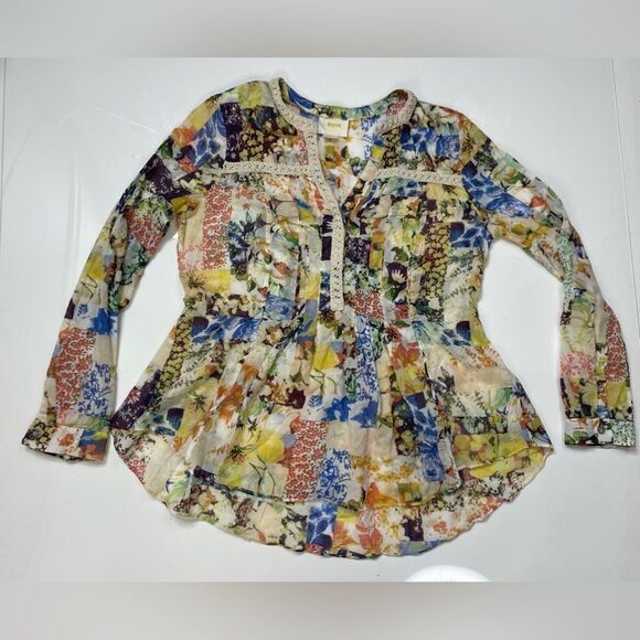 Maeve Anthropologie Abella Floral Patchwork Pin Tuck Cotton Blouse Women Size 2 - Picture 1 of 7